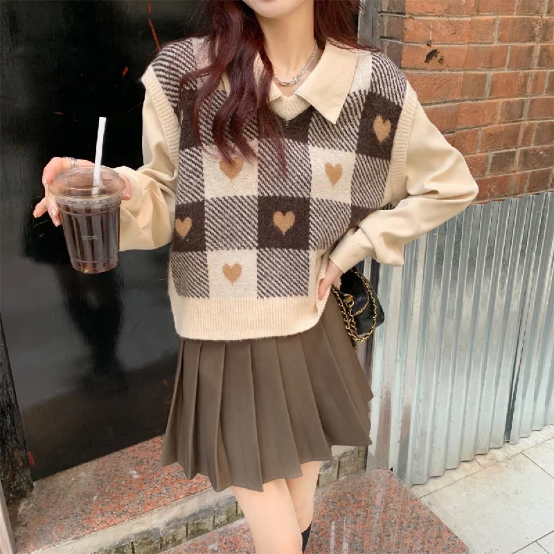 Men's Sweaters for Everyday WearKittenAlarm - Cute Love Plaid V-Neck Vest Sweater