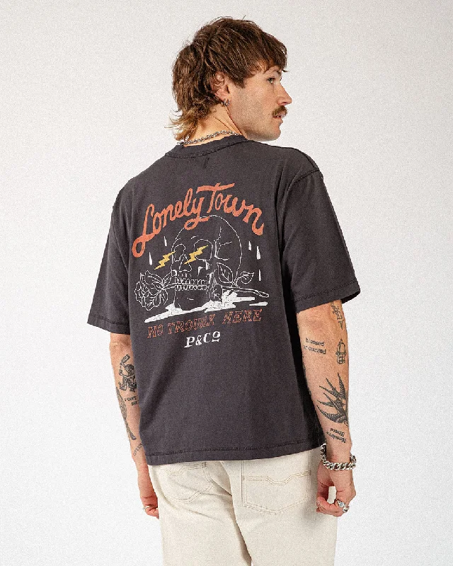 Men's Shirts with Hidden ButtonsLonely Town Boxy T-Shirt - Heavy Washed Black