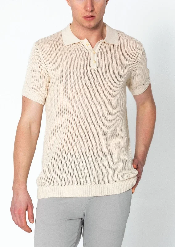Elegant Men's Dress ShirtsOpenwork Knit Polo Tee - Beige