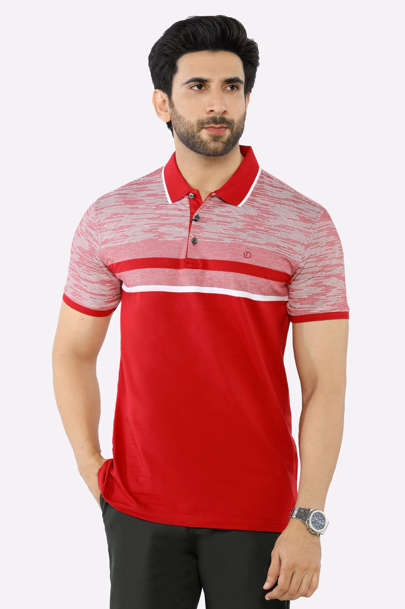 Men's Shirts with Patchwork PatternsRed Yarn Dyed Polo