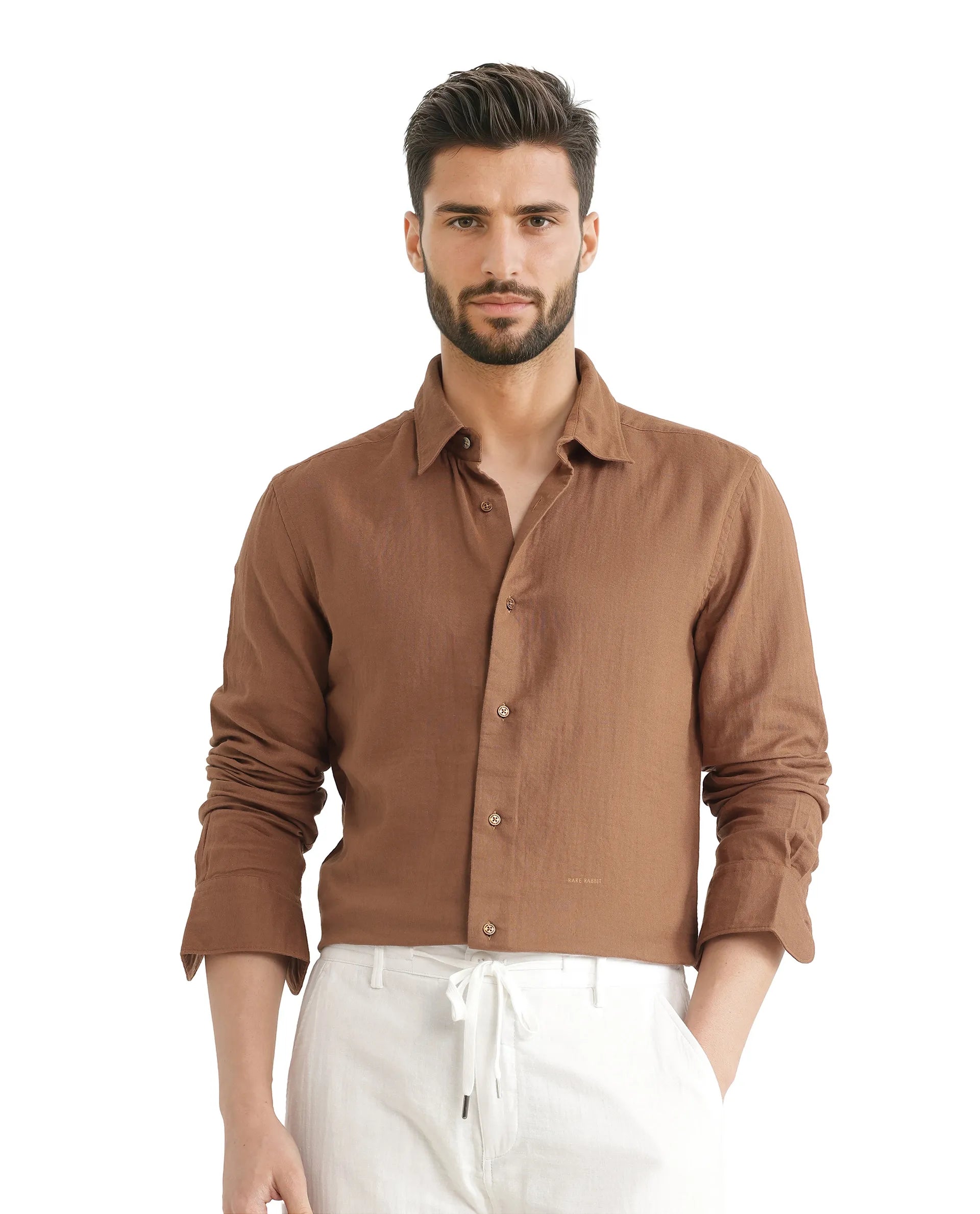 Men's Collared Shirts for Formal OccasionsRare Rabbit Men Layerr Ls-25 Brown Cotton Fabric Full Sleeve Collared Neck Button Closure Plain Shirt Men's Collared Shirts for Formal OccasionsRare Rabbit Men Layerr Ls-25 Brown Cotton Fabric Full Sleeve Collared Neck Button Closure Plain Shirt