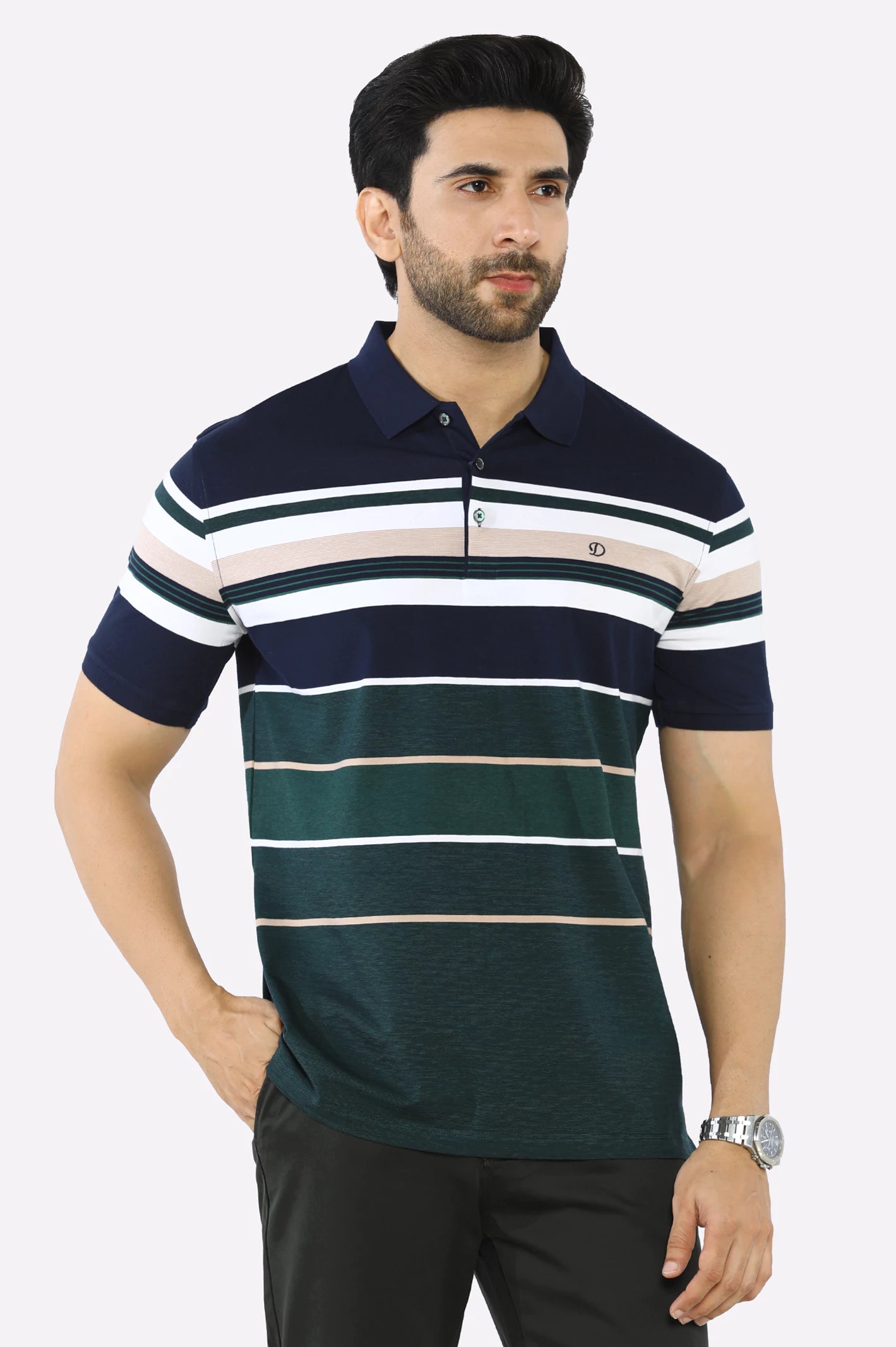 Men's Shirts with Scoop NecksNavy Blue Yarn Dyed Polo