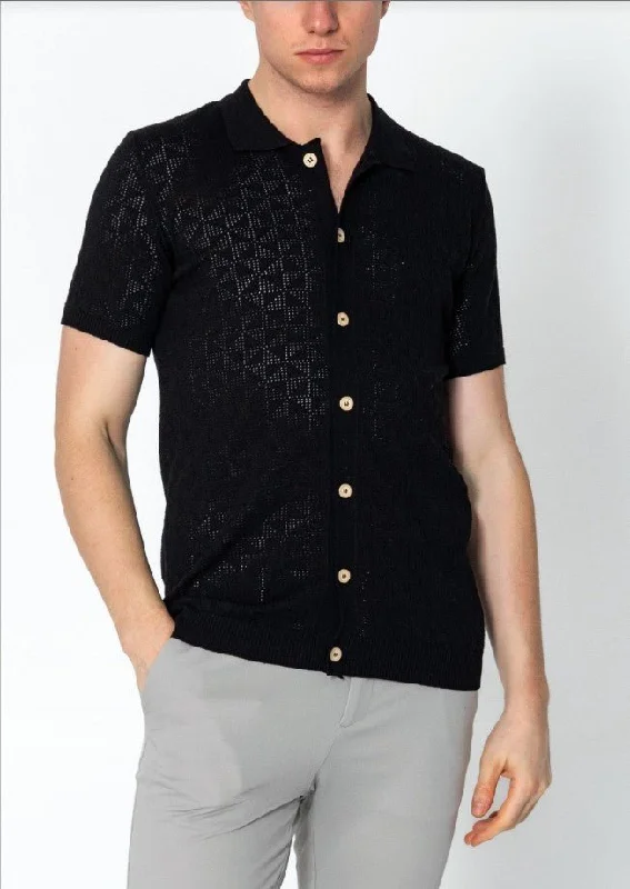Men's Sleeveless TopsGeometric Crochet Knit Polo - Black
