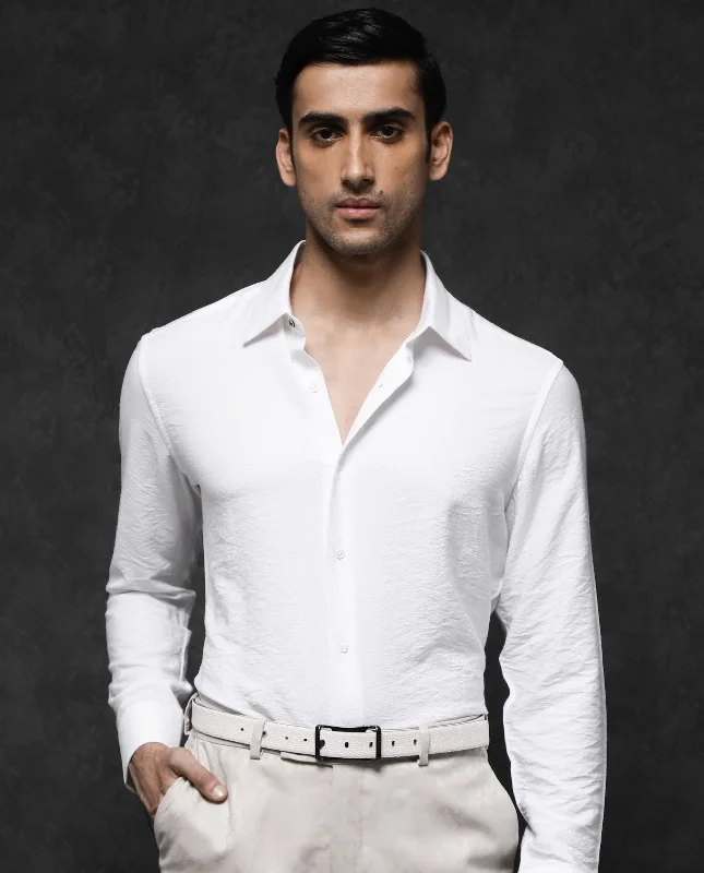 Men's Solid-Color Button-Down Shirts for VersatilityRare Rabbit Mens Esty White Viscose Nylon Fabric Full Sleeve Solid Twill Formal Shirt