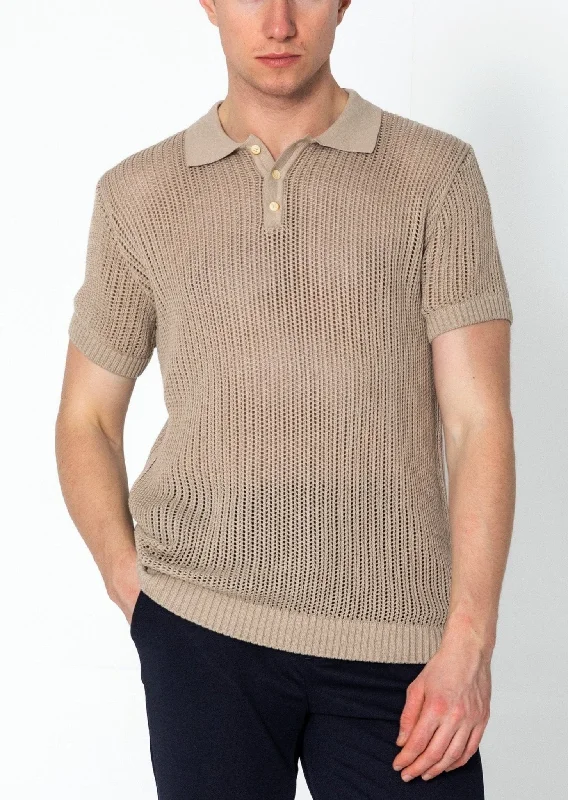 Men's Shirts with Roll-Up SleevesOpenwork Knit Polo Tee - Stone
