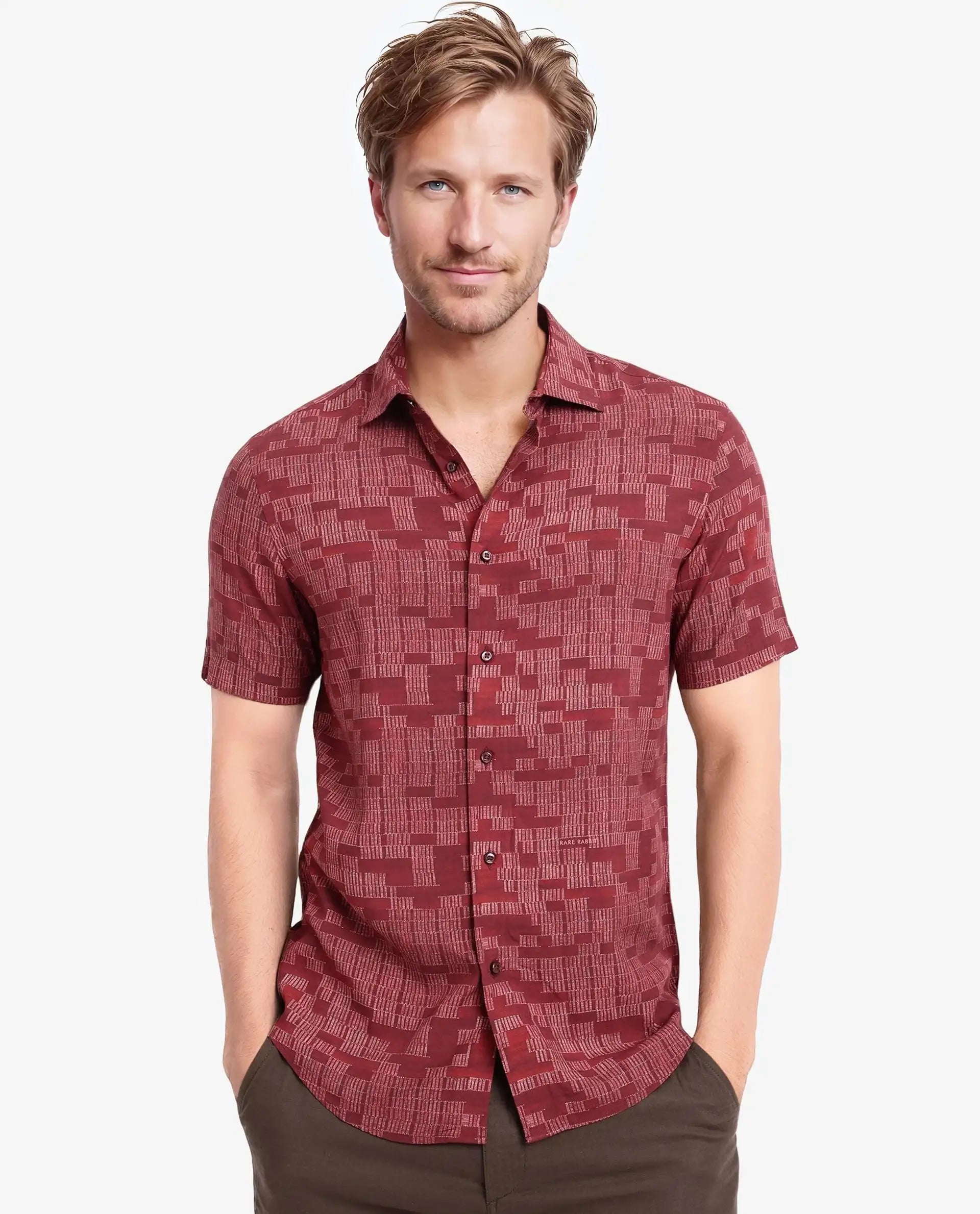 Breathable Men's Linen ShirtsRare Rabbit Men Mitho Red Half Sleeve Collared Neck Geometric Print Shirt Breathable Men's Linen ShirtsRare Rabbit Men Mitho Red Half Sleeve Collared Neck Geometric Print Shirt