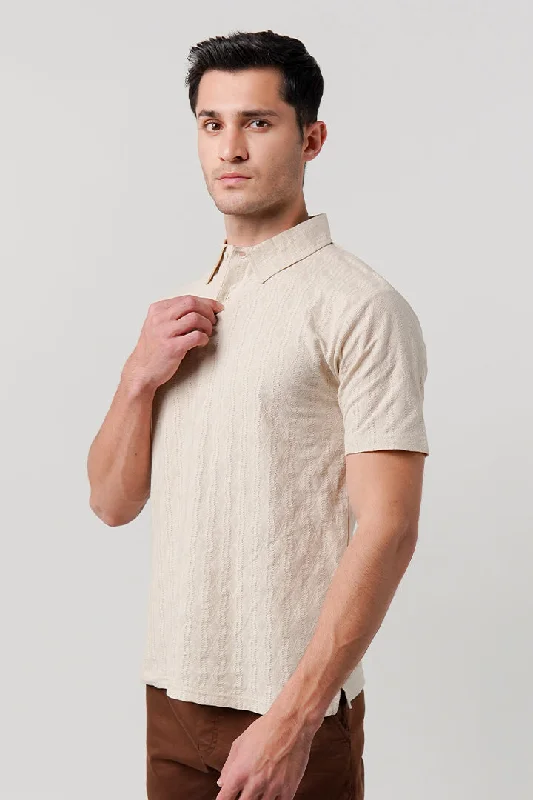 Men's Shirts with TiesJacquard Textured Polo Shirt - Beige