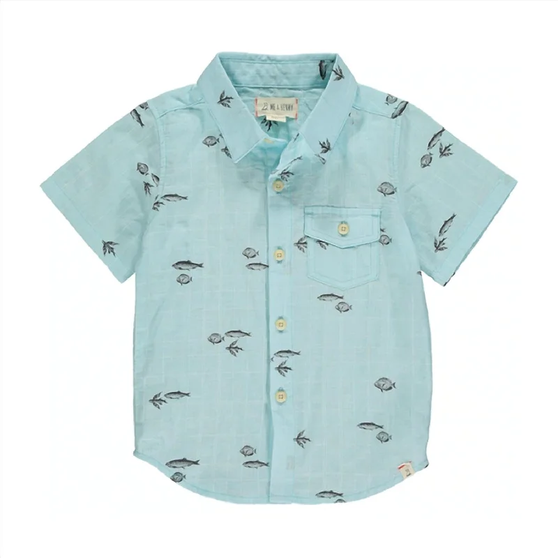 Men's Dressy Button-Down Shirts for Formal OccasionsBoy's Vintage Fish Print Short Sleeved Boys Shirt In Aloha Blue Men's Dressy Button-Down Shirts for Formal OccasionsBoy's Vintage Fish Print Short Sleeved Boys Shirt In Aloha Blue