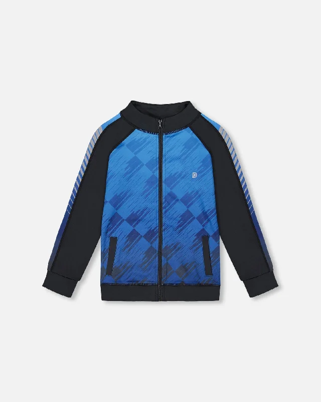 Fitted Men's Slim-Fit SweatersPrinted Full Zip Athletic Cardigan Blue And Black