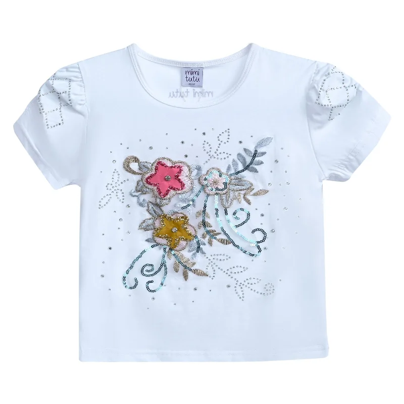 Men's Sweaters with Patch PocketsWhite Flowers Applique T-Shirt