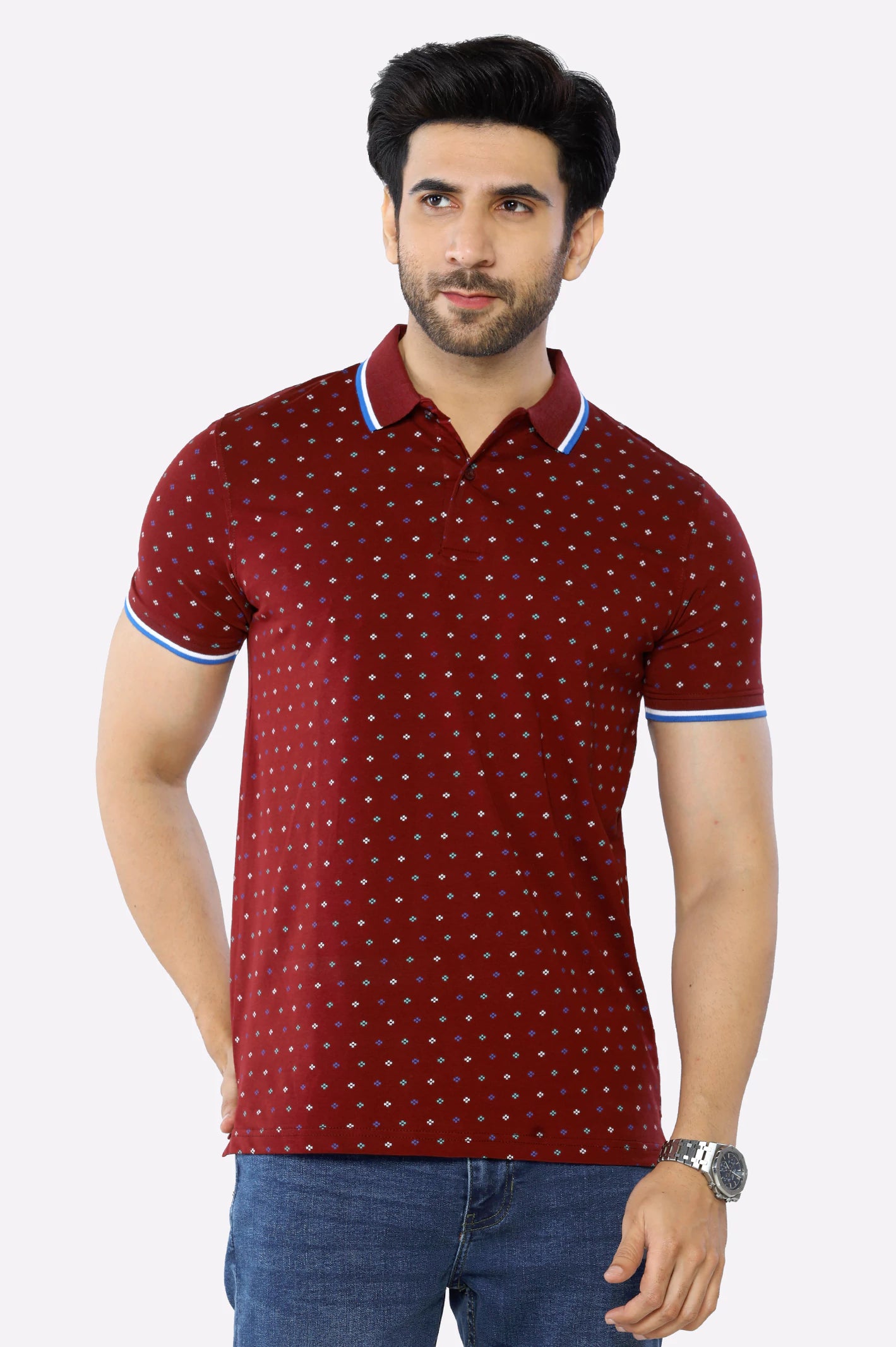 Men's Shirts with Lace-Up HemlinesBargundi Printed Polo