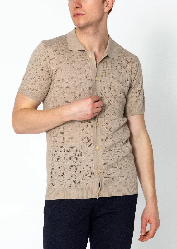 Men's Flowy Shirts for a Relaxed LookGeometric Crochet Knit Polo - Stone