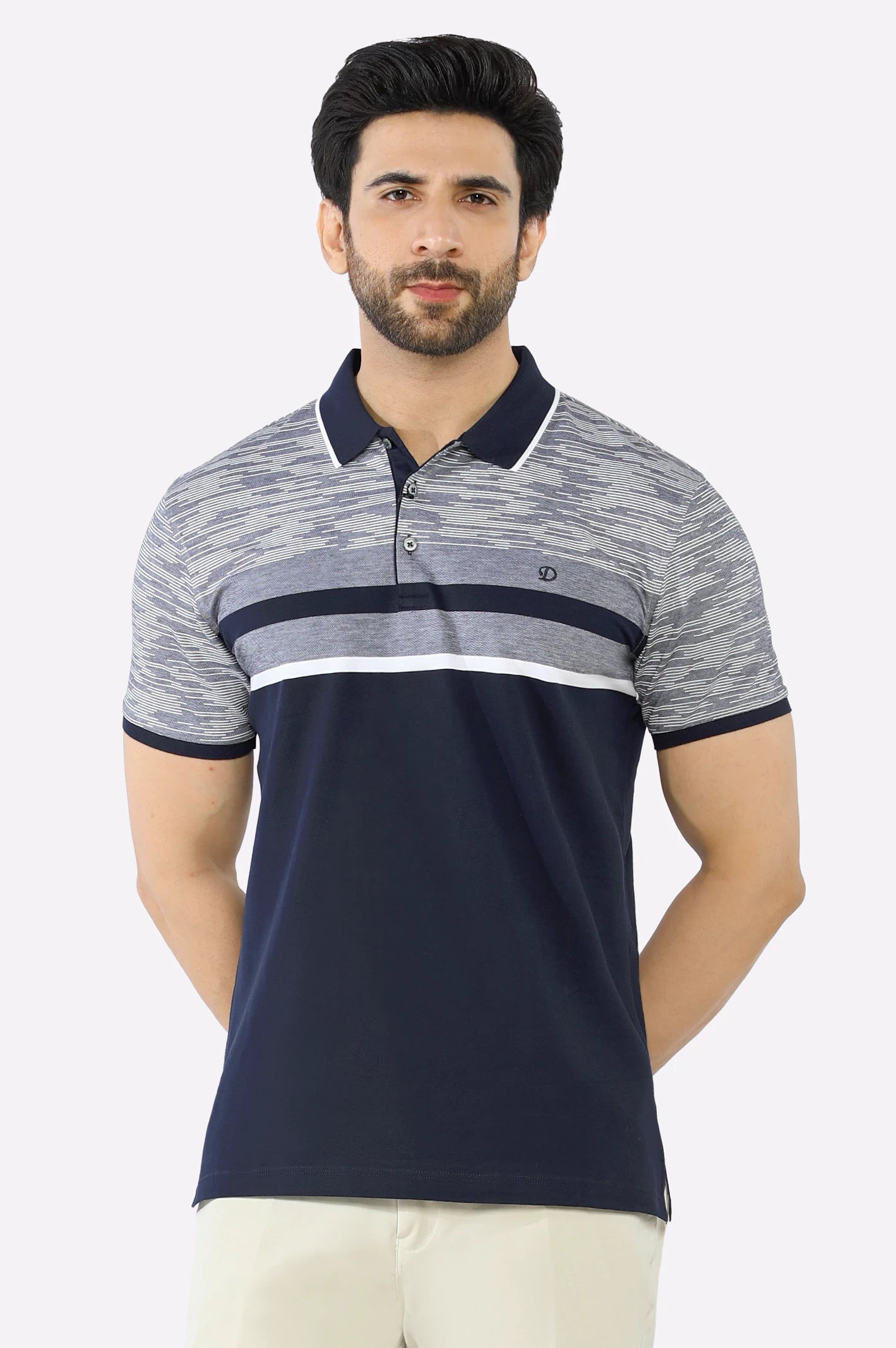 Men's Shirts with Appliqué DetailsNavy Blue Yarn Dyed Polo