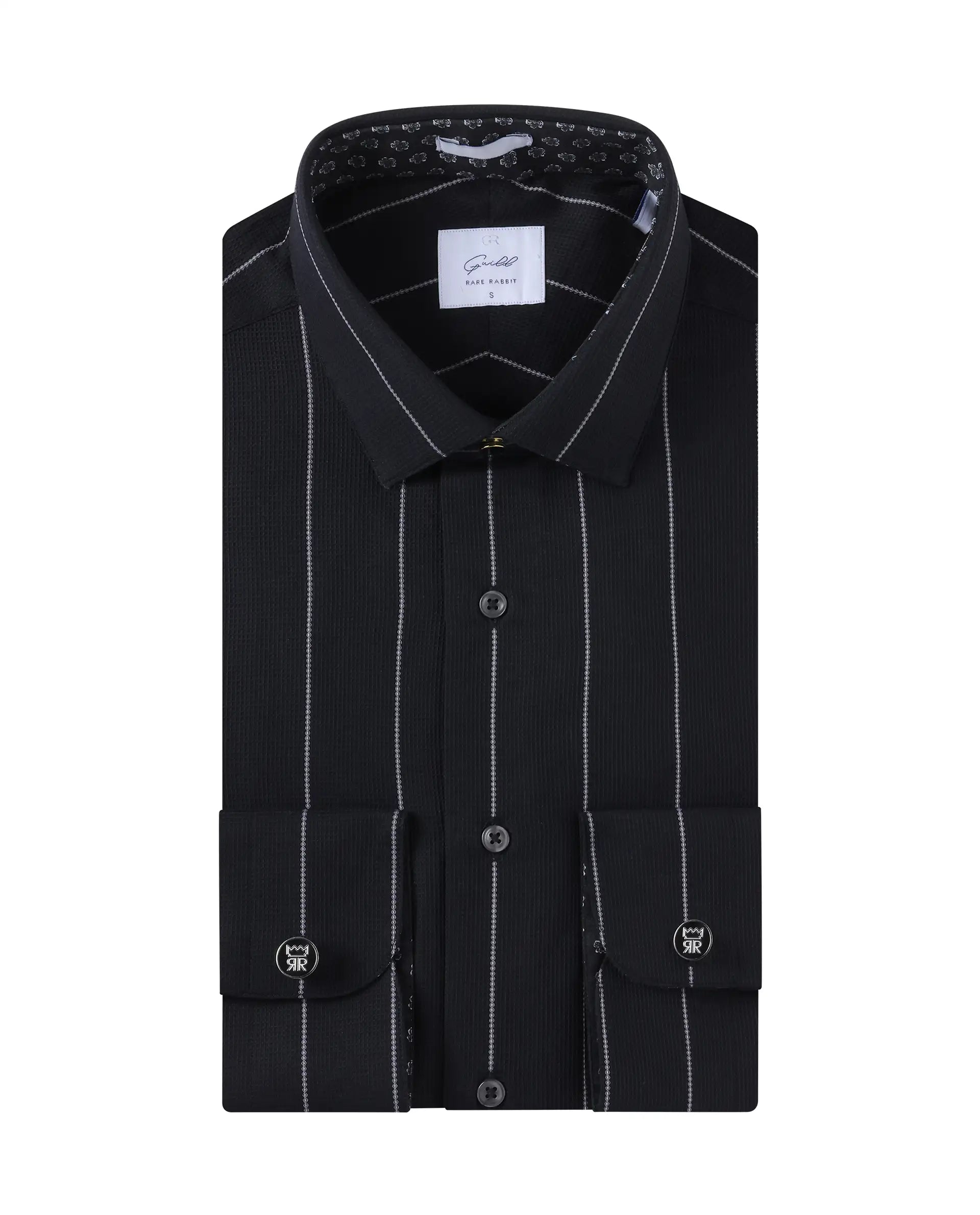 Men's Designer Dress Shirts for High-End FashionRare Rabbit Mens Forty Black Cotton Fabric Full Sleeve Regular Fit Self Stripe Dobby Shirt