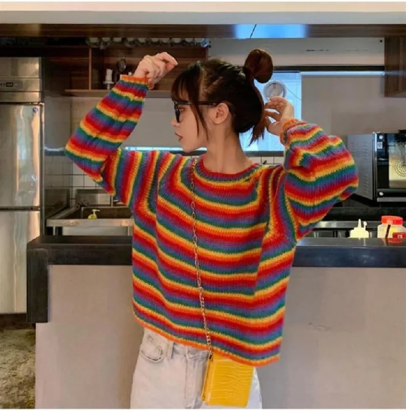 Men's Sweaters with Zippered PocketsKittenAlarm - Rainbow Striped Casual Cropped Sweater