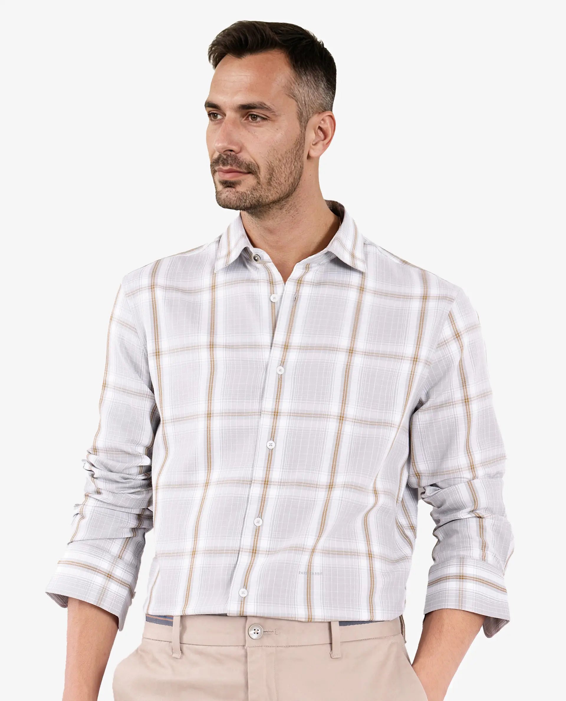 Men's Pattern Mixing Shirts for Creative StyleRare Rabbit Men's Lorde Light Grey Cotton Fabric Regular Fit Checks Shirt
