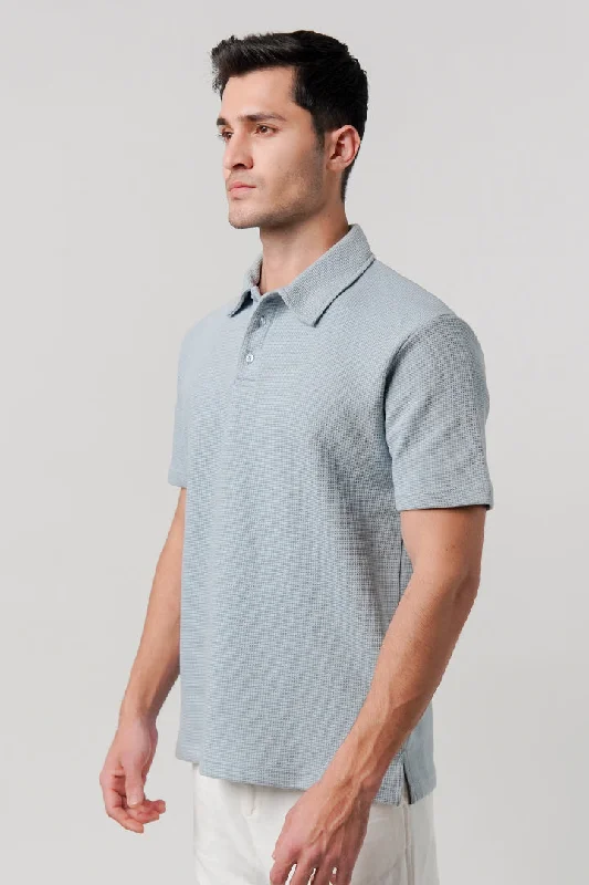 Men's Shirts with Geometric PatternsTextured Waffle Polo Shirt - Ice Blue