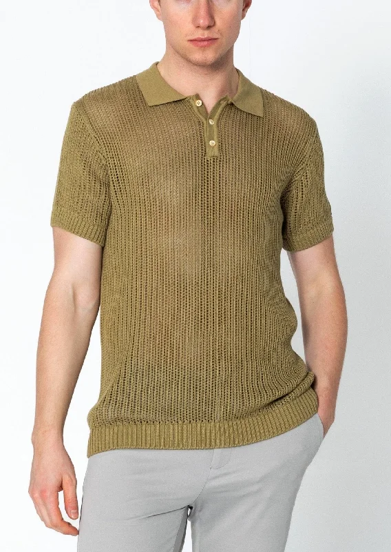 Lightweight Men's Linen ShirtsOpenwork Knit Polo Tee - Light Green