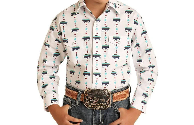 Men's Geometric Print Shirts for a Modern TwistBoy's Long Sleeve Buffalo Print Western Snap Shirt In White Men's Geometric Print Shirts for a Modern TwistBoy's Long Sleeve Buffalo Print Western Snap Shirt In White