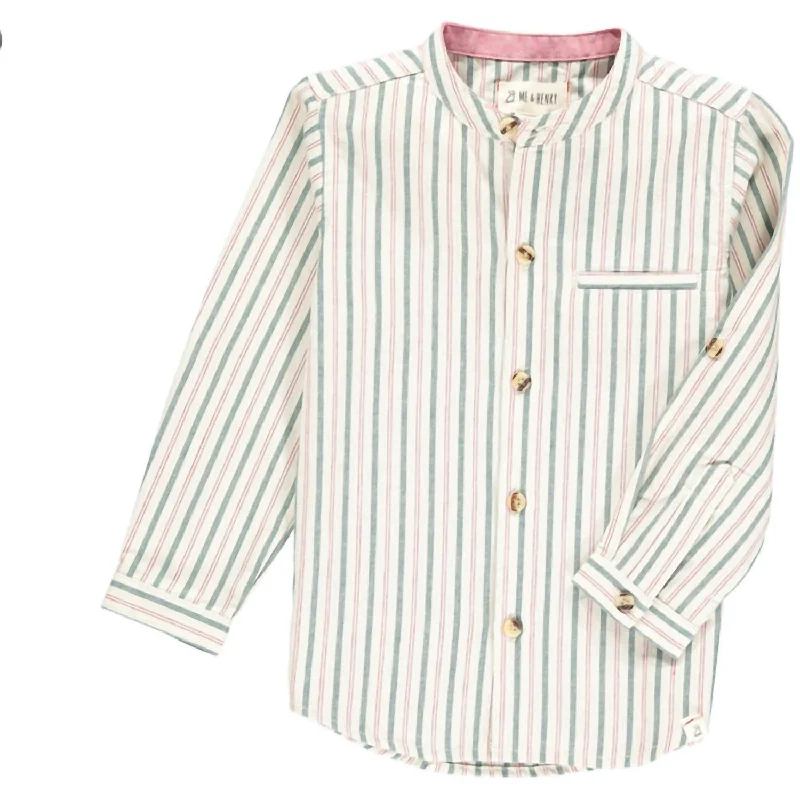 Men's Hawaiian Print Shirts for Luau PartiesBoy's Atoka Round Collar Woven Long Sleeve Shirt In Green, Red & Cream Stripe Men's Hawaiian Print Shirts for Luau PartiesBoy's Atoka Round Collar Woven Long Sleeve Shirt In Green, Red & Cream Stripe