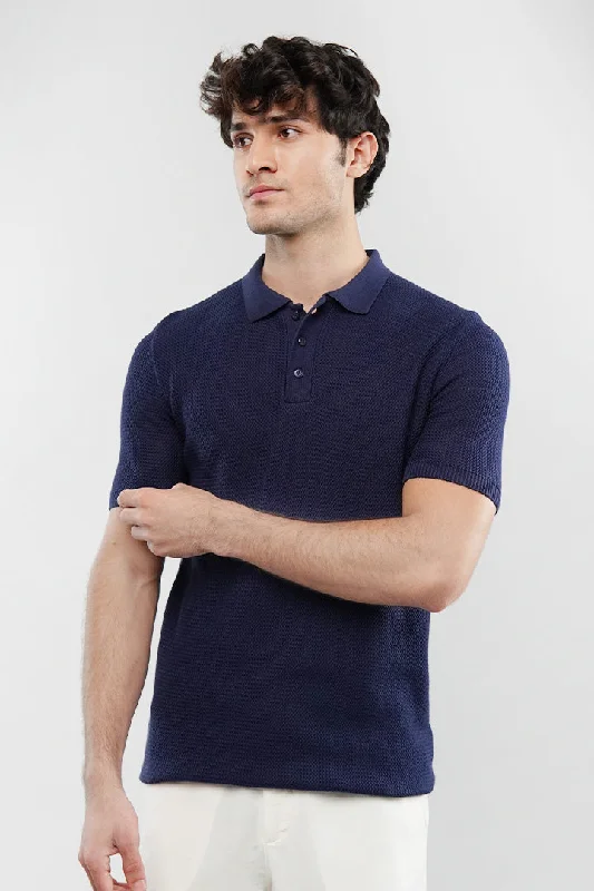 Men's Shirts with Plaid PatternsKnitted Polo Shirt - Navy Blue