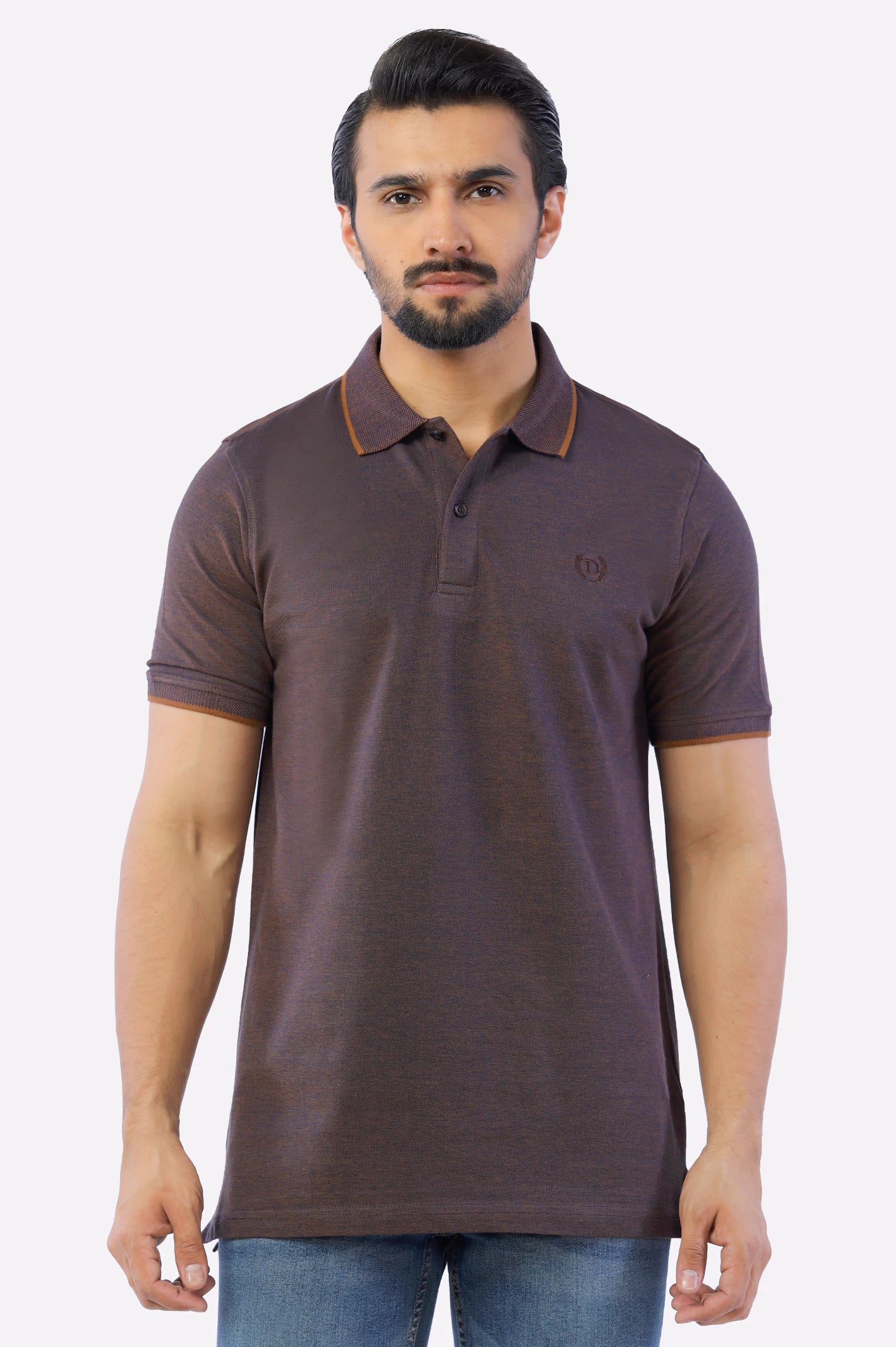 Stylish Men's HenleysDark Brown Jacquard Collar Polo