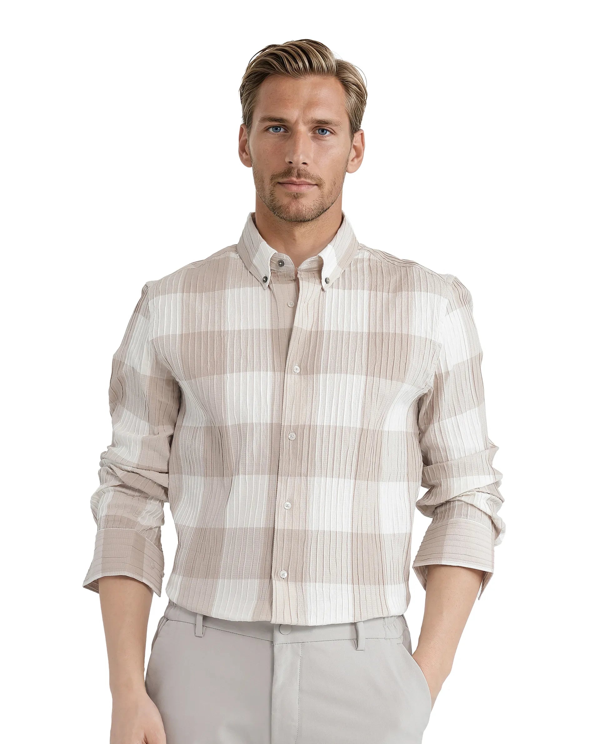 Lightweight Men's Poplin ShirtsRare Rabbit Men's Mew Brown Cotton Fabric Full Sleeve Button-Dowm Collar Button Closure Ribbed Check Printed Shirt