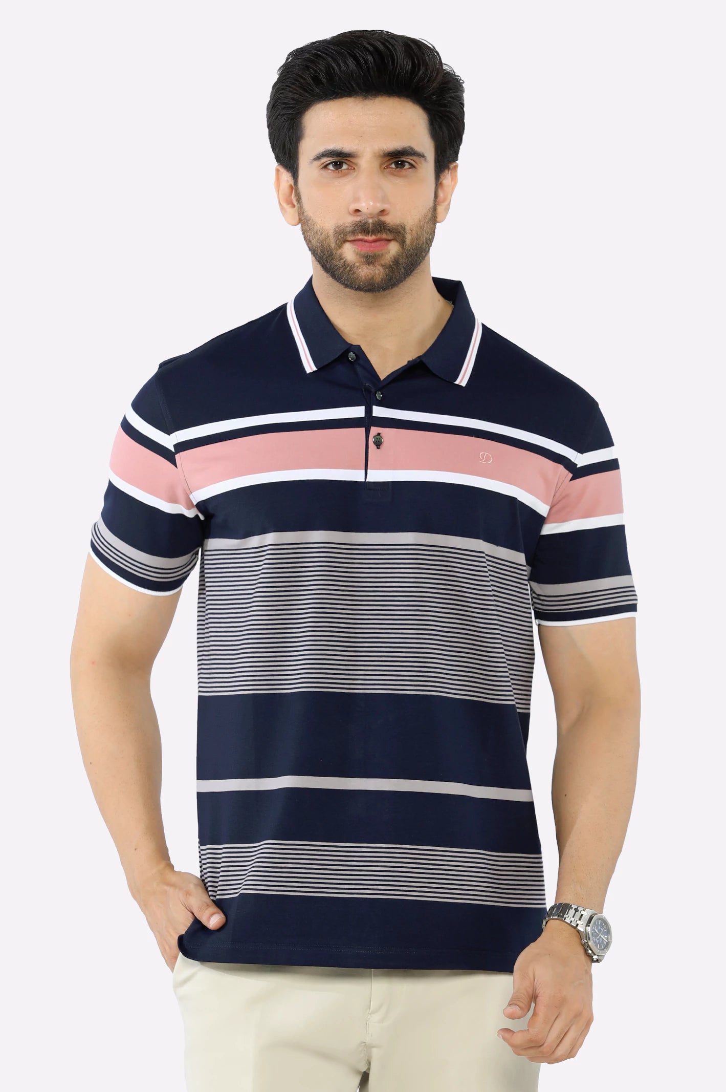 Men's Shirts with Logo EmbossmentsNavy Blue Yarn Dyed Polo