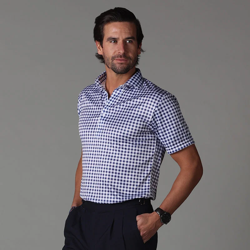 Men's Shirts with Hidden PocketsSemi-Spread Collar Polo Navy Gingham