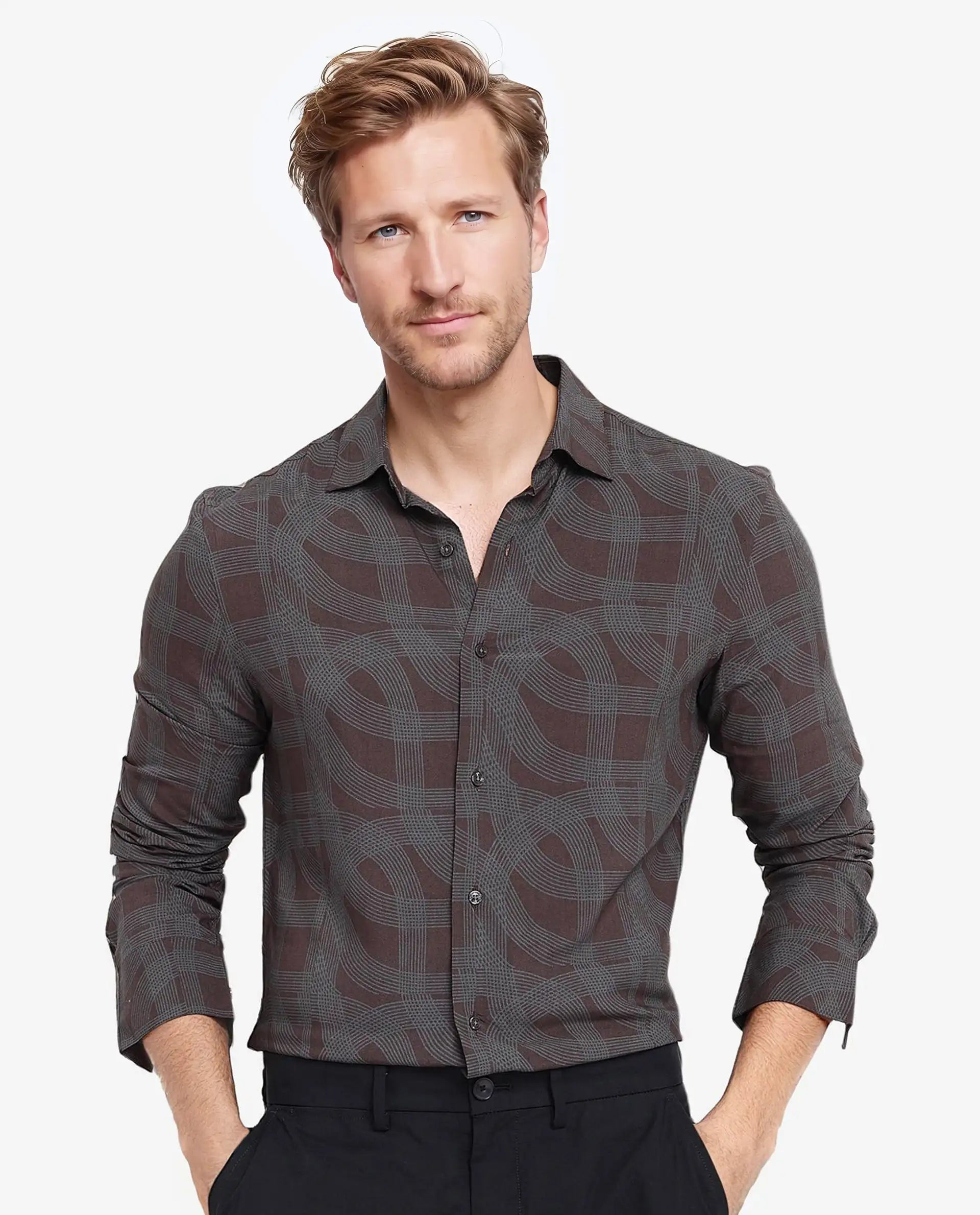 Men's Slim-Fit Shirts for a Flattering ShapeRare Rabbit Men Fiskur Dark Brown Full Sleeve Button Closure Regular Fit Geometric Print Shirt