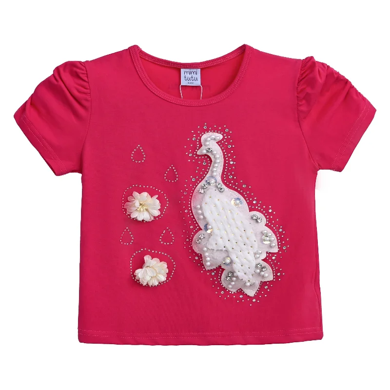 Men's Sweaters with ButtonsPink Raspberry Peacock Applique T-Shirt