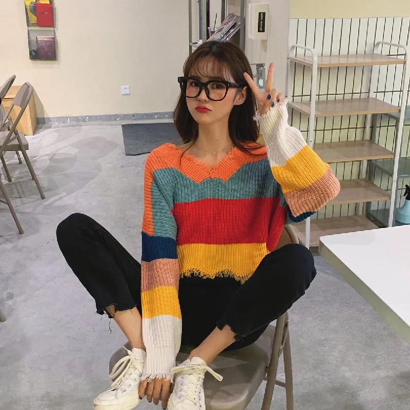 Men's Sweaters with Elastic WaistbandsKittenAlarm - V-Neck Colorful Striped Tassel Sweater Men's Sweaters with Elastic WaistbandsKittenAlarm - V-Neck Colorful Striped Tassel Sweater