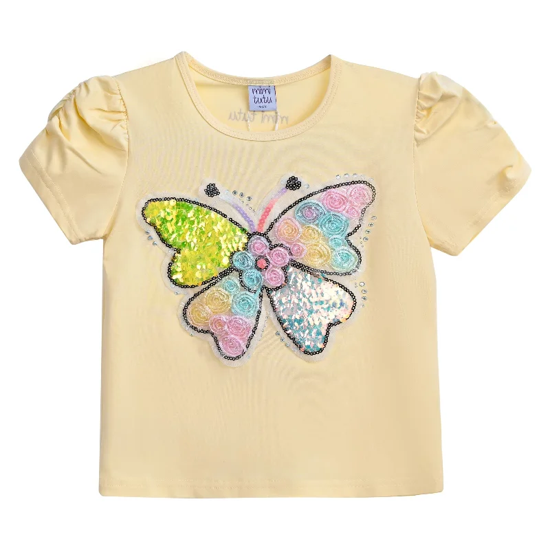 Men's Sweaters with Raglan SleevesYellow Butterfly Applique T-Shirt