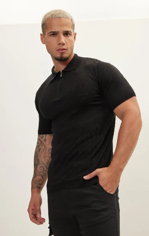 Men's Shirts with Spread CollarsZipper Closure Lightweight Polo Tee - Black