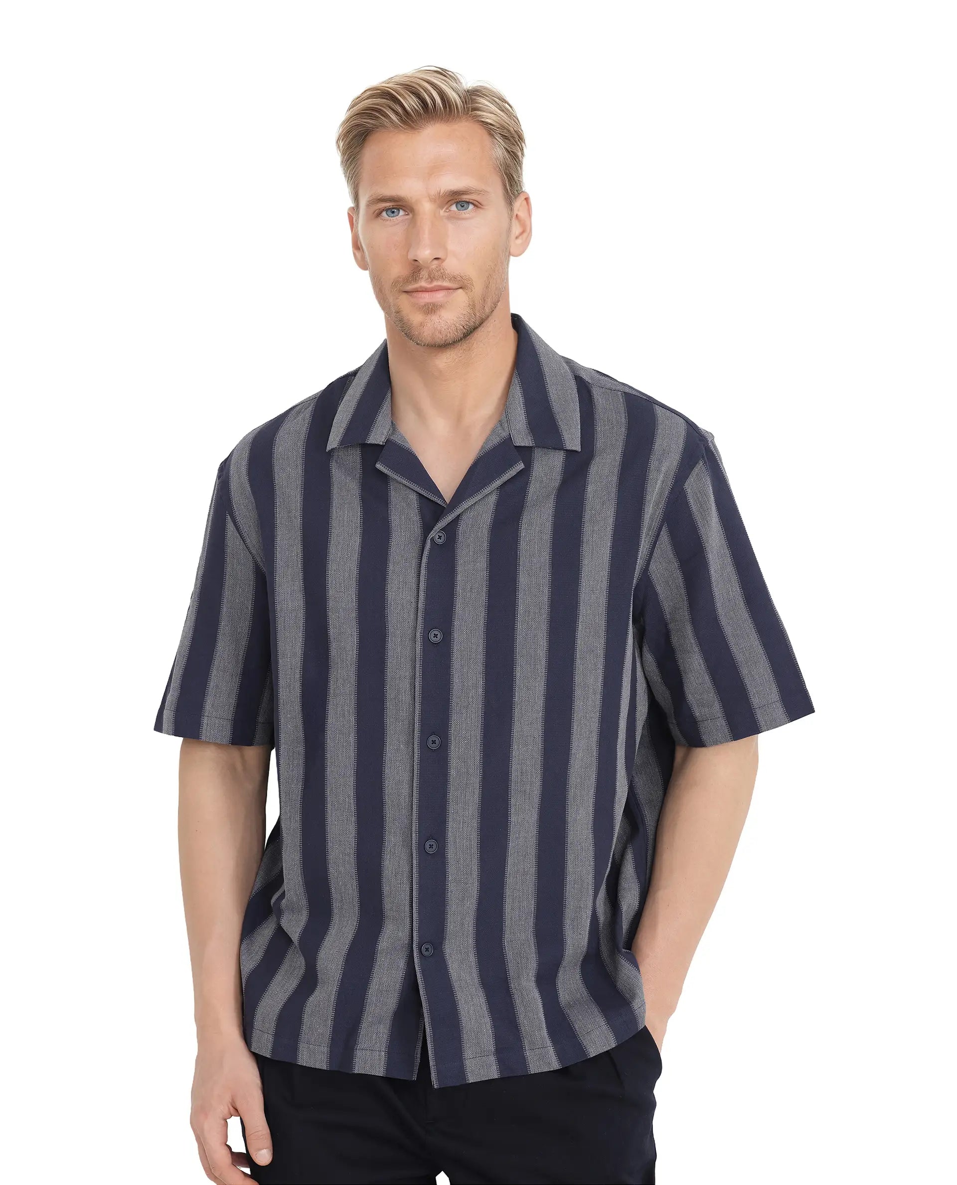 Men's Striped Shirts for a Maritime TwistRare Rabbit Men's Dushan Navy Cotton Fabric Short Sleeve Cuban Collared Boxy Fit Striped Shirt Men's Striped Shirts for a Maritime TwistRare Rabbit Men's Dushan Navy Cotton Fabric Short Sleeve Cuban Collared Boxy Fit Striped Shirt
