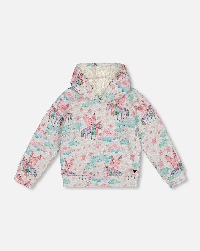 Men's Sweaters with Fold-Over CuffsPrinted Shiny French Terry Hoodie Gray Mix Printed Unicorn