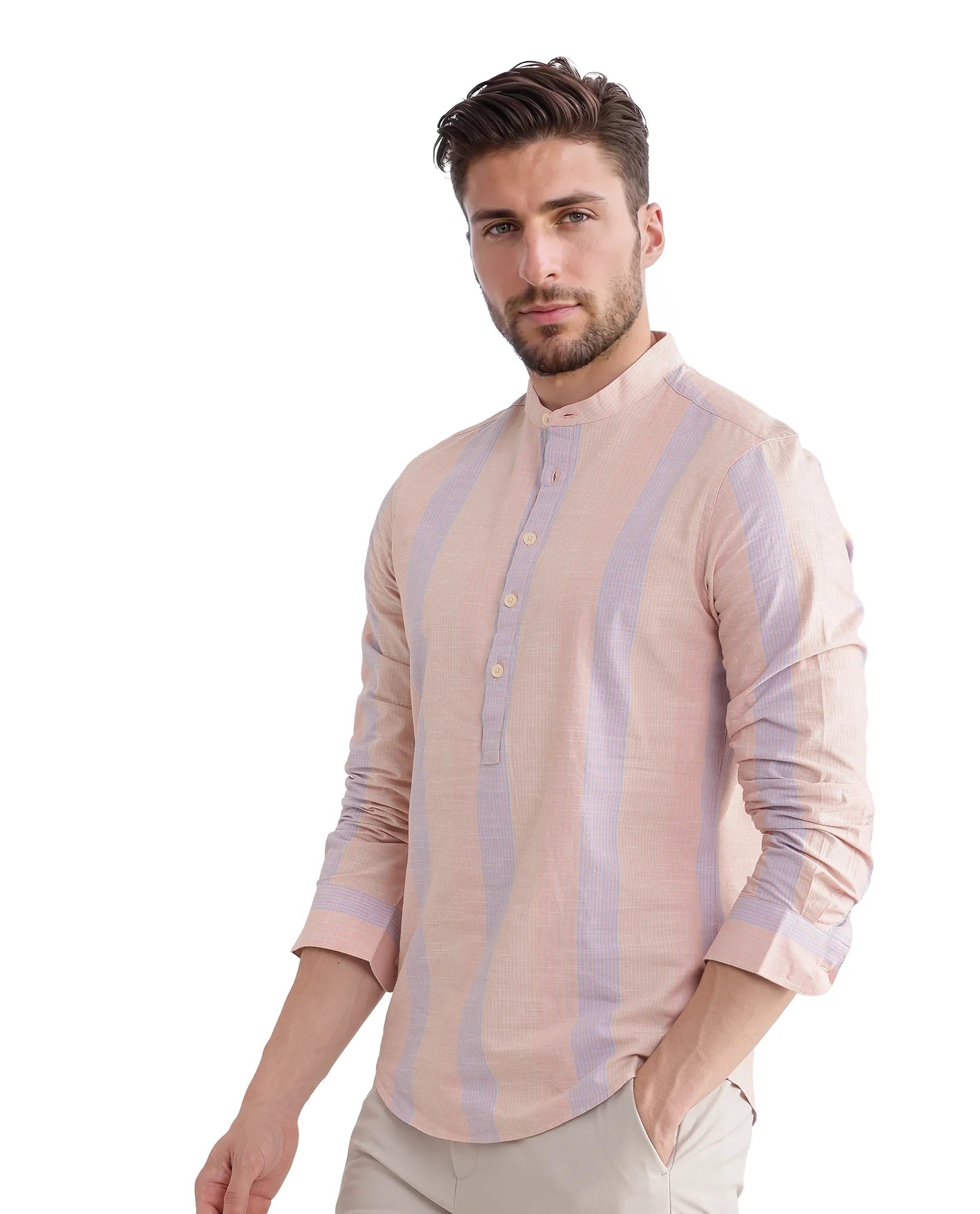 Stylish Men's Graphic T-ShirtsRare Rabbit Men Vale Light Orange Full Sleeve Mandarin Collared Button Closure Striped Shirt