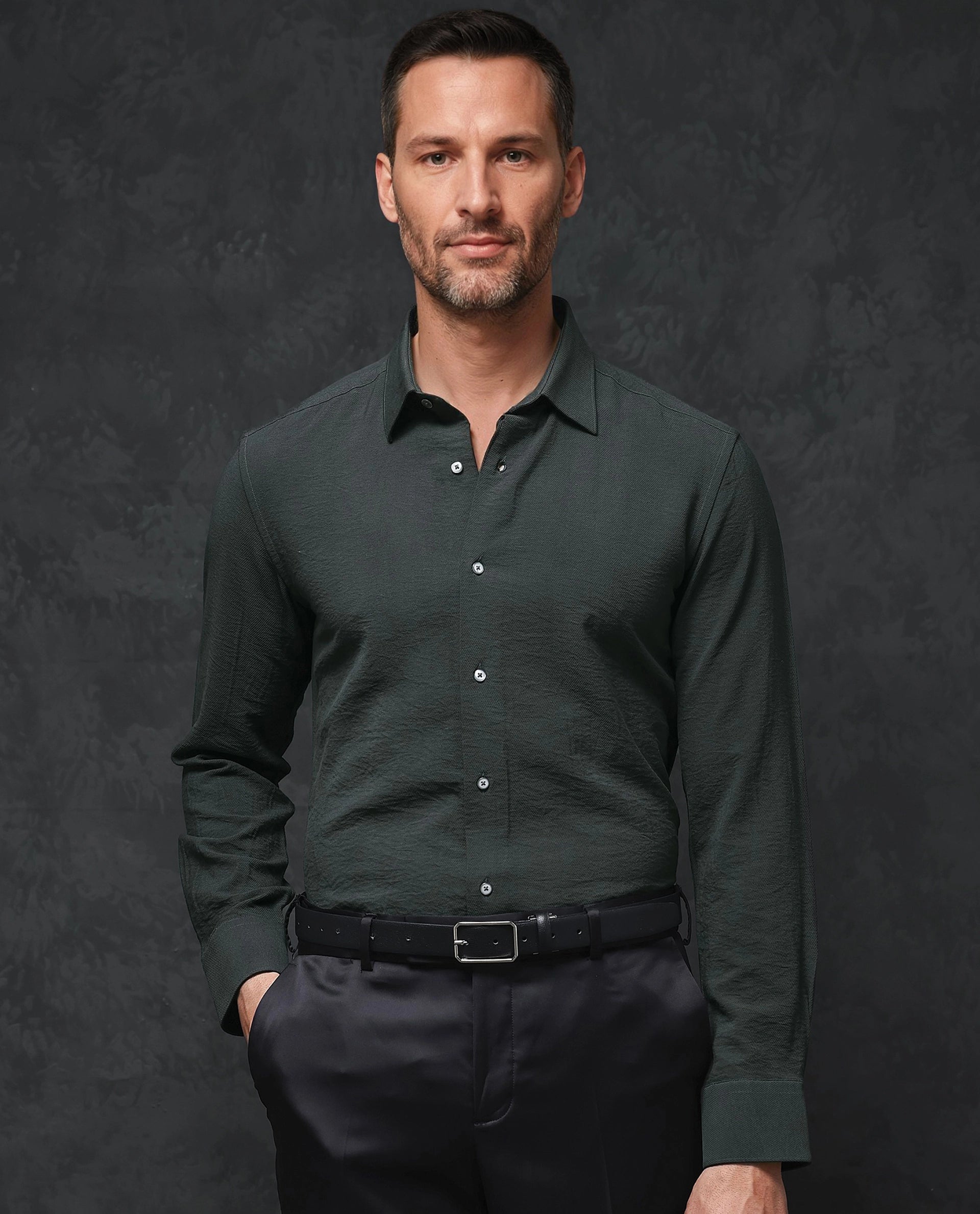 Men's Logo T-Shirts for Brand RepresentationRare Rabbit Mens Esty Dark Green Viscose Nylon Fabric Full Sleeves Solid Twill Shirt