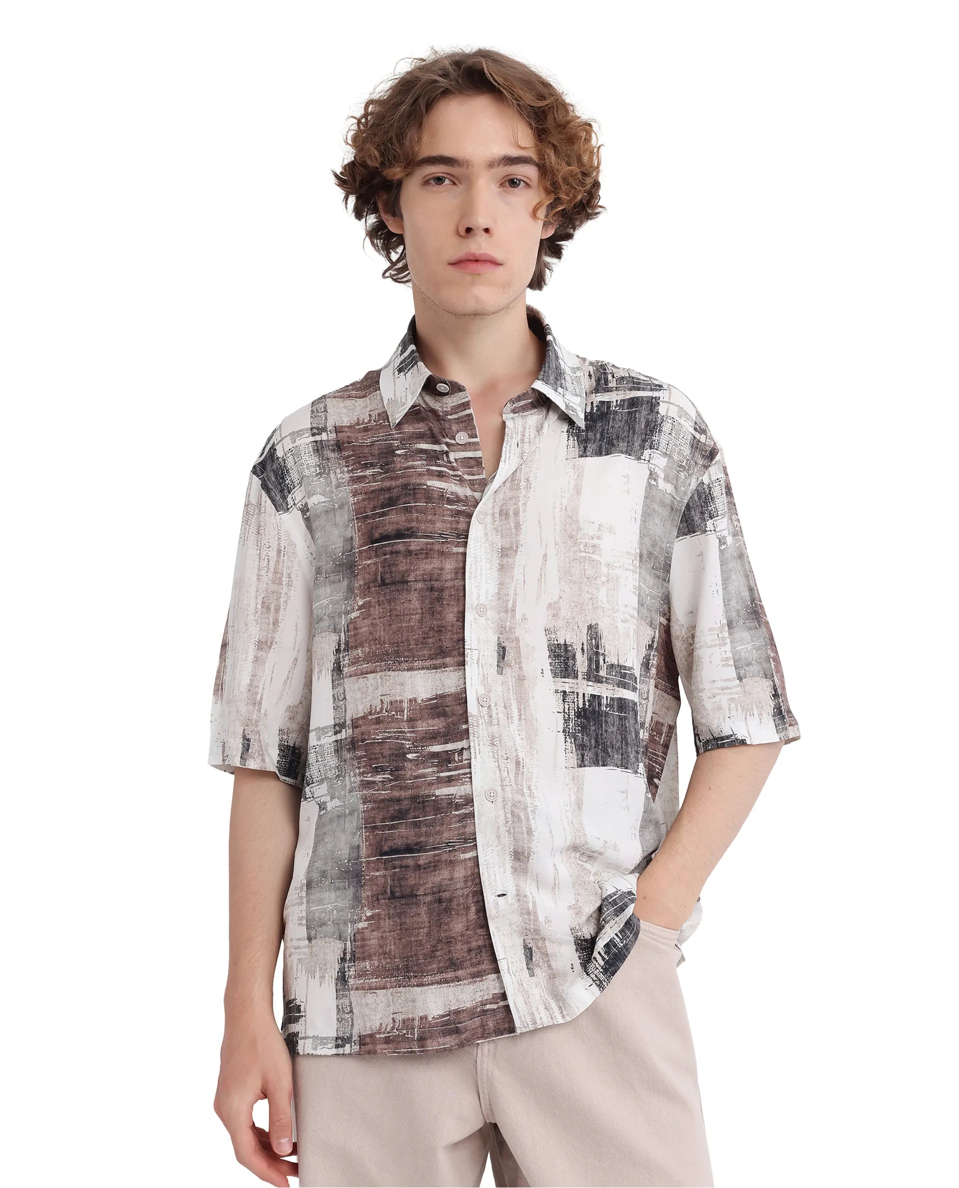 Men's Minimalist Shirts for a Clean LookRare Rabbit Men's Azah Dusky Beige Viscose Fabric Short Sleeve Button Closure Abstract Printed Shirt Men's Minimalist Shirts for a Clean LookRare Rabbit Men's Azah Dusky Beige Viscose Fabric Short Sleeve Button Closure Abstract Printed Shirt