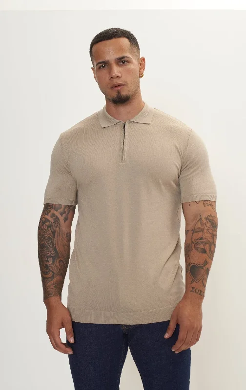 Solid-Colored Men's ShirtsZipper Closure Lightweight Polo Tee - Dark Beige