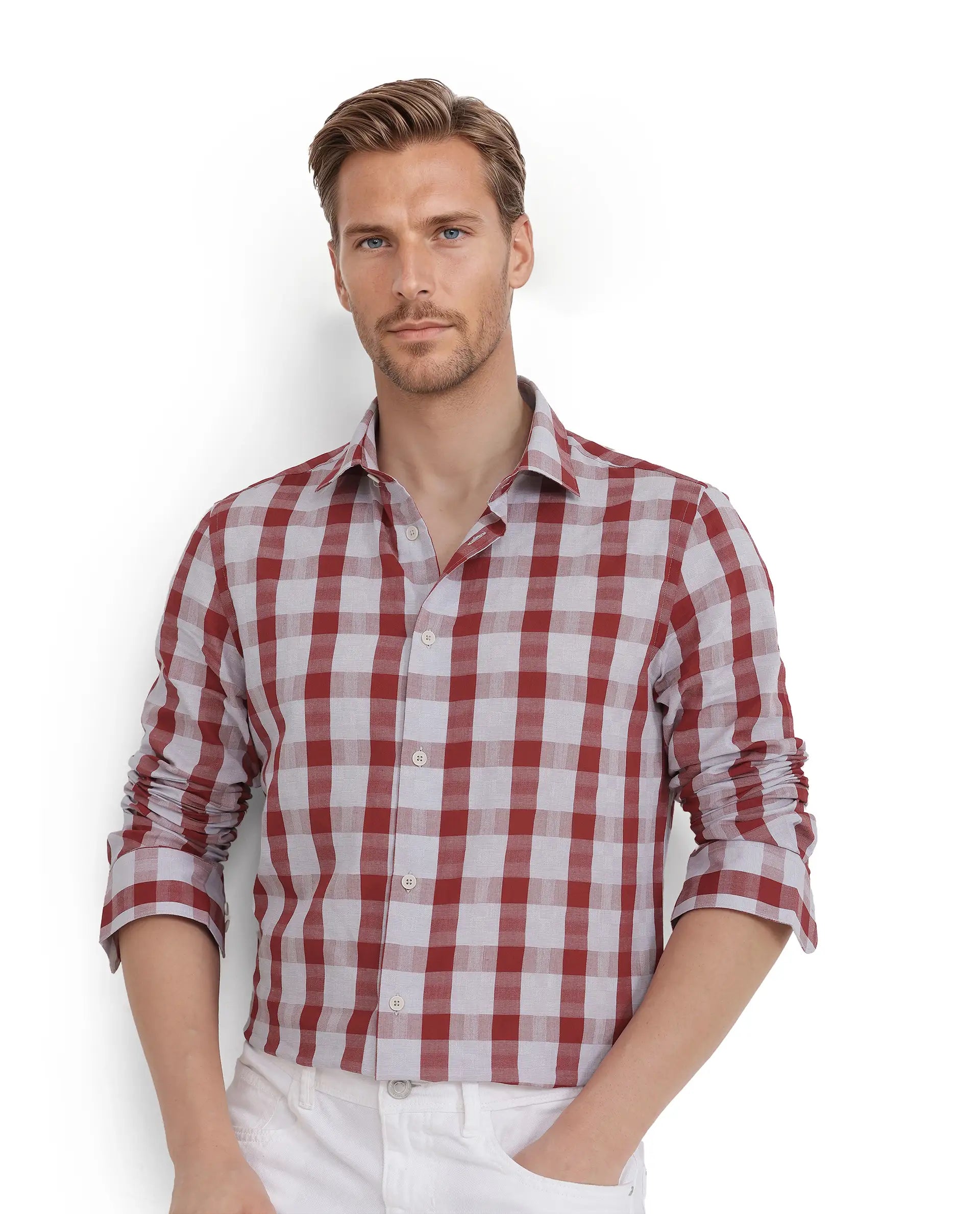 Men's Crew Neck T-Shirts for Everyday WearRare Rabbit Men's Luxs Red Cotton Fabric Full Sleeve Collared Neck Button Closure Checks Shirt