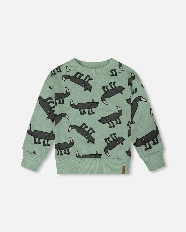 Men's Sweaters with Elastic WaistbandsPrinted Pullover French Terry Sweatshirt Gray Wolf On Teal Background Men's Sweaters with Elastic WaistbandsPrinted Pullover French Terry Sweatshirt Gray Wolf On Teal Background