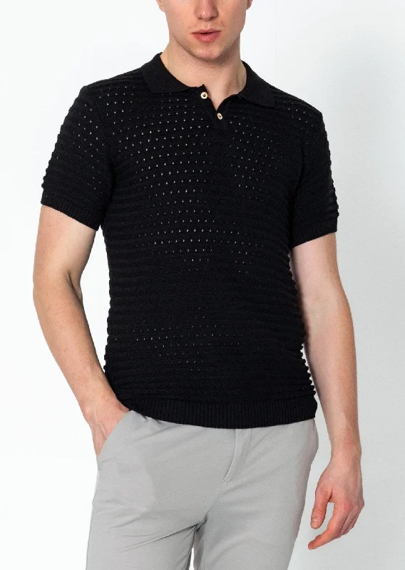 Men's Shirts with Graphic SleevesEyelet Short Sleeve Polo Tee - Black