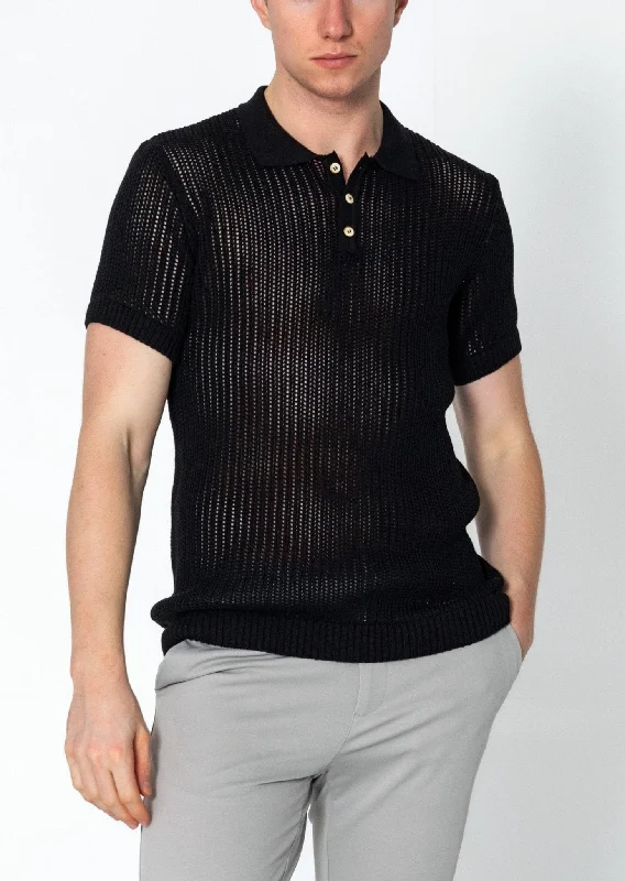 Men's Shirts with Patchwork PatternsOpenwork Knit Polo Tee - Black