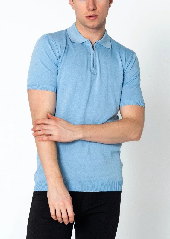 Casual Men's T-ShirtsZipper Closure Lightweight Polo Tee - Blue