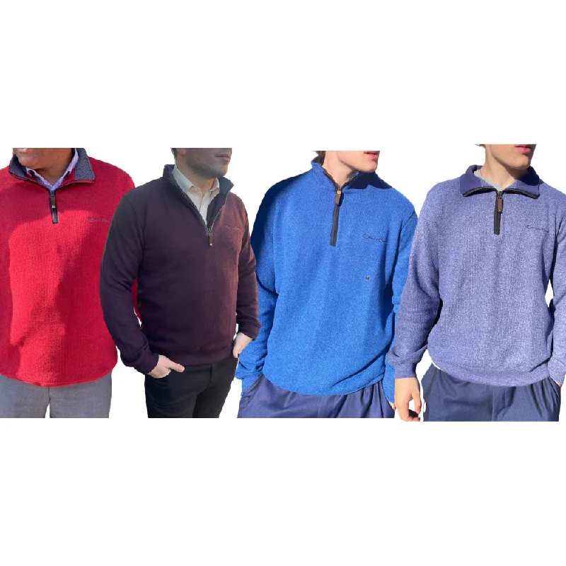 Elegant Men's Shawl-Collar SweatersEthnic Blue 1/4 Zip Long Sleeve Knit Sweater -