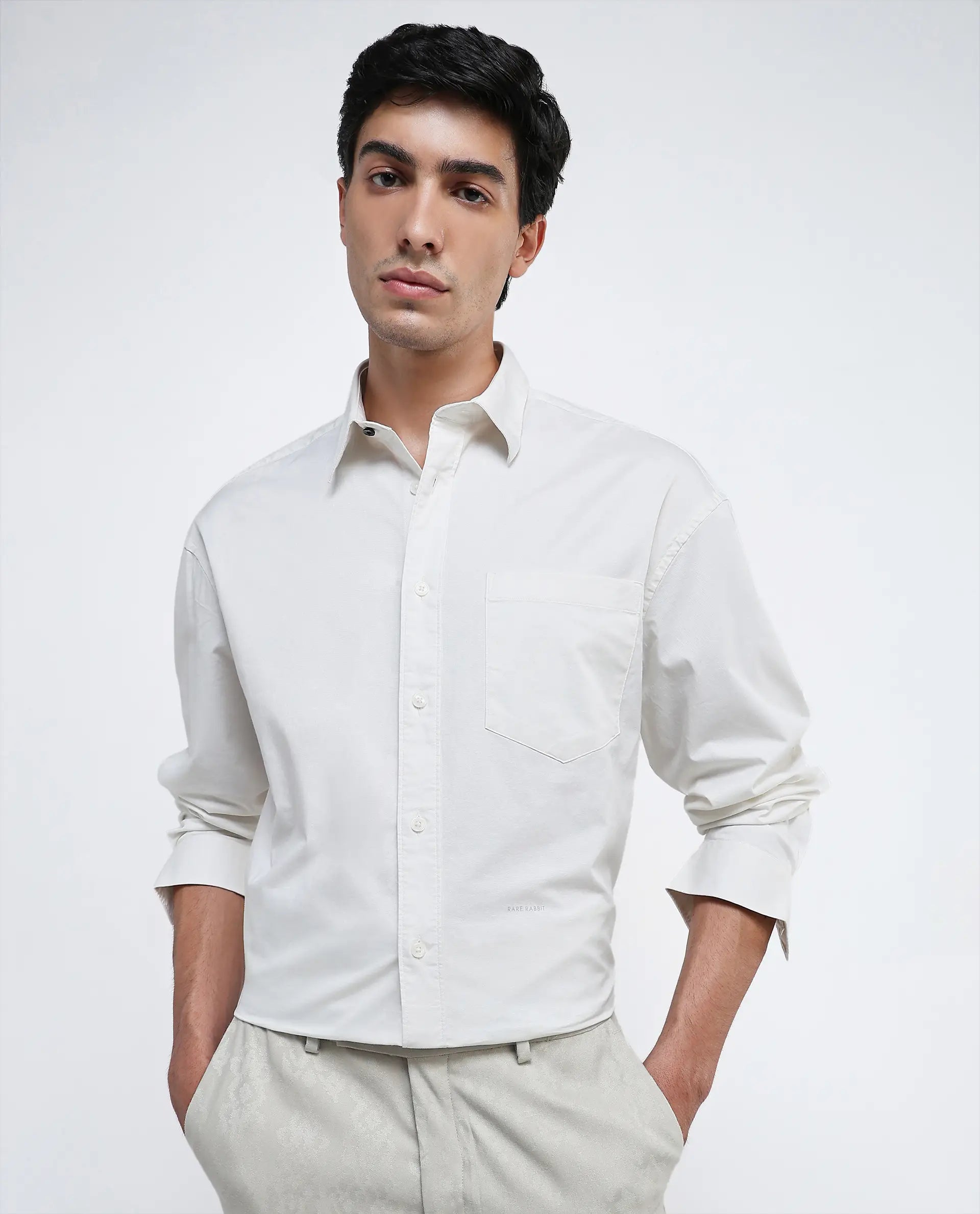 Men's Stain-Resistant Shirts for Mess-Free WearRare Rabbit Men Lewi Off White Cotton Lycra Fabric Full Sleeve Regular Collar Boxy Fit Plain Shirt Men's Stain-Resistant Shirts for Mess-Free WearRare Rabbit Men Lewi Off White Cotton Lycra Fabric Full Sleeve Regular Collar Boxy Fit Plain Shirt
