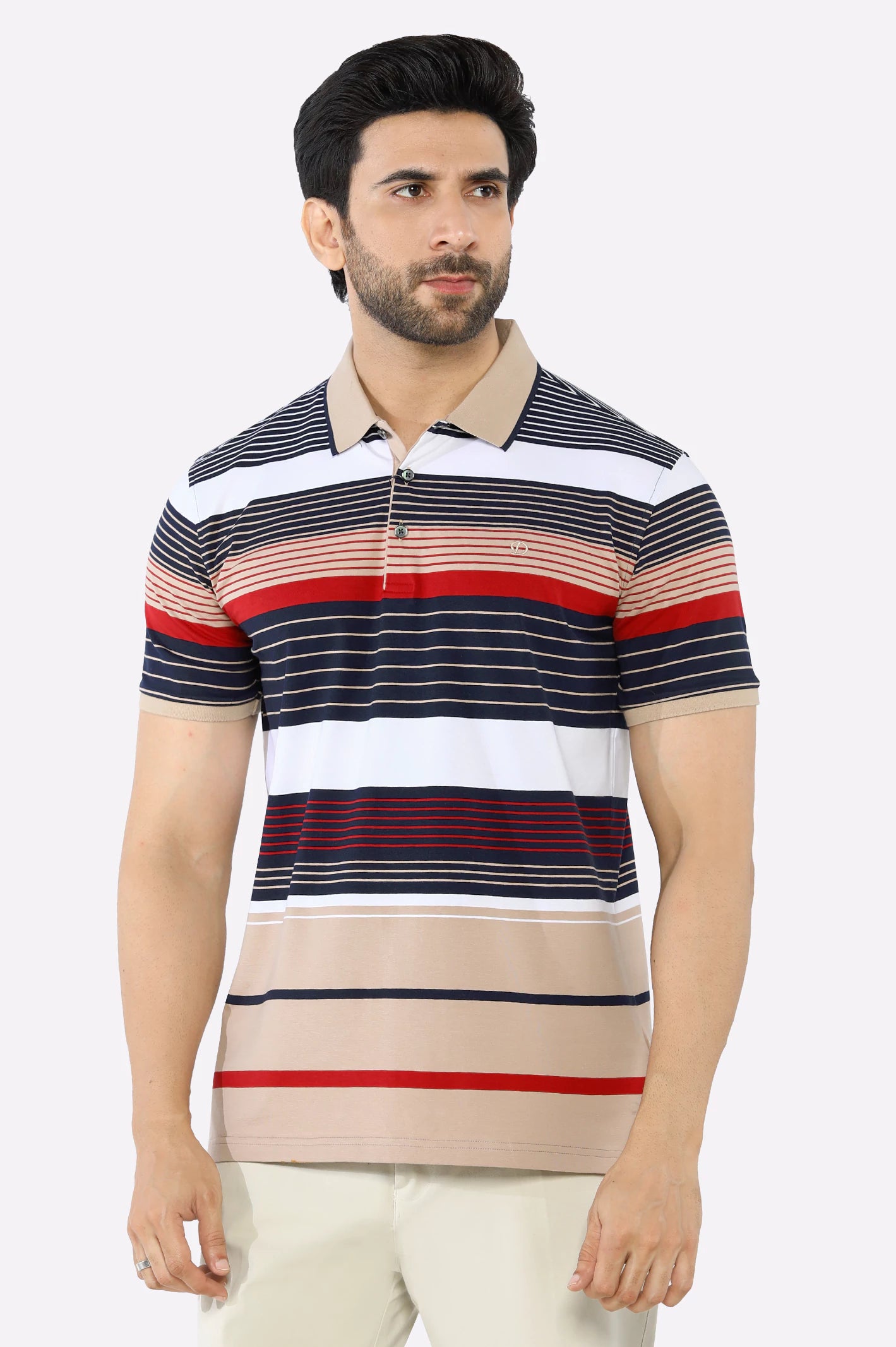 Men's Shirts with Contrast CollarsBeige Yarn Dyed Polo