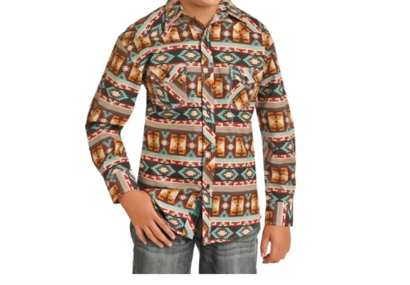 Men's Striped Long-Sleeve Shirts for a Maritime FeelBoy's Dale Brisby Aztec Print Long Sleeve Snap Shirt In Brown Multi Men's Striped Long-Sleeve Shirts for a Maritime FeelBoy's Dale Brisby Aztec Print Long Sleeve Snap Shirt In Brown Multi