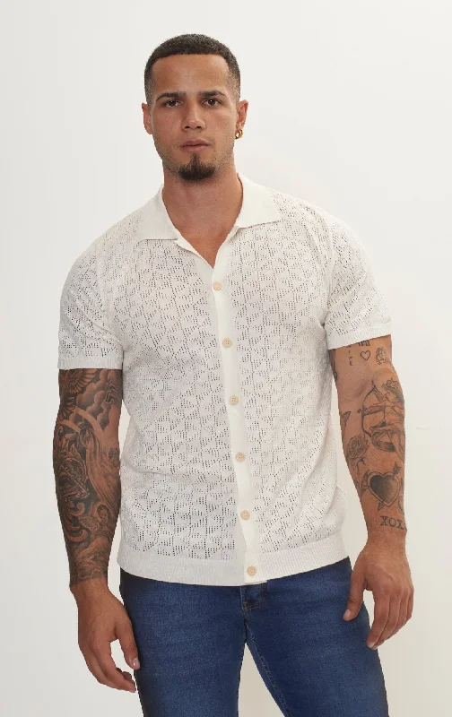 Men's Shirts with Embroidered DesignsGeometric Crochet Knit Polo - Off White
